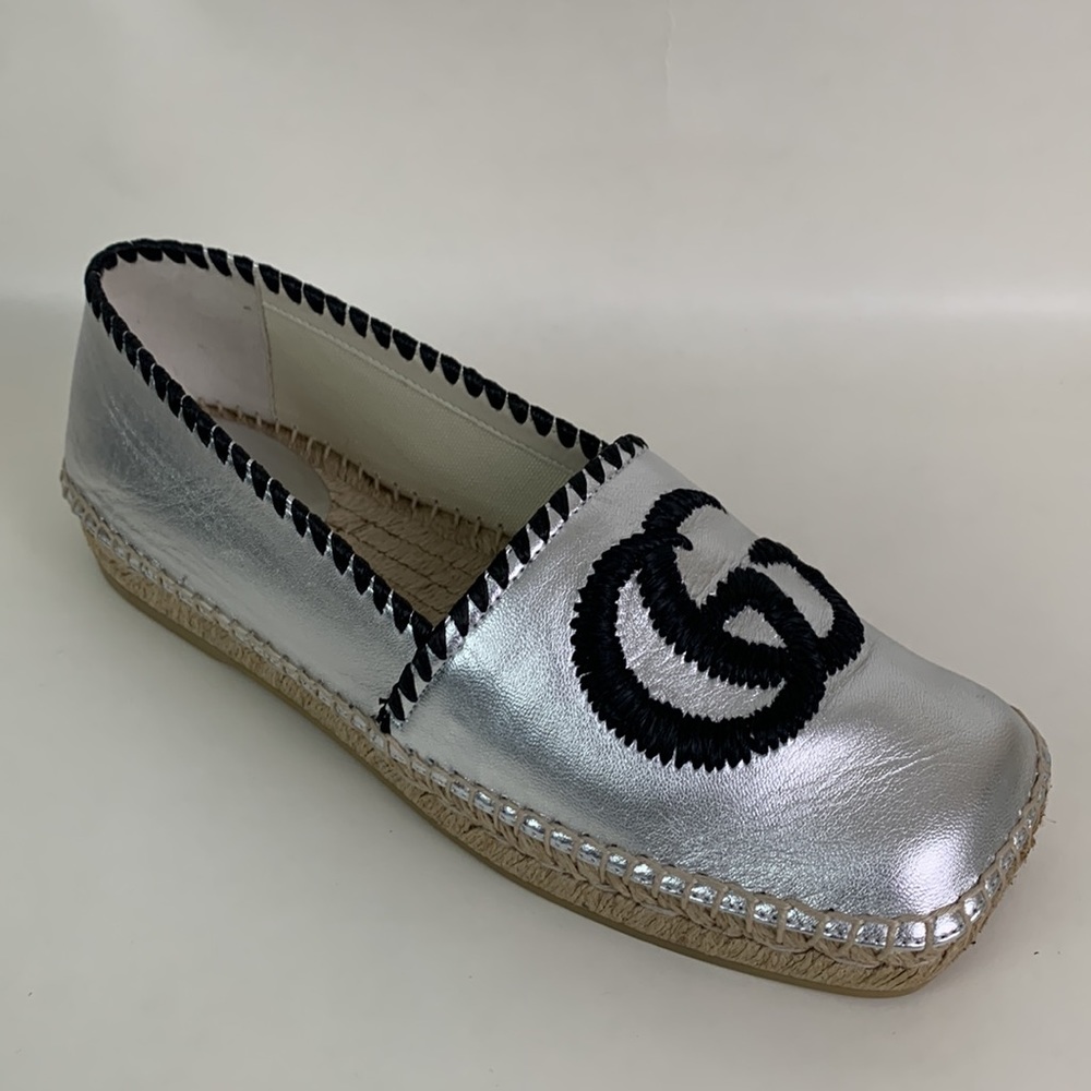 NEW Gucci Espadrille Size 37 (7) GG Marmont Silver Metallic - Picture 3 of 14
